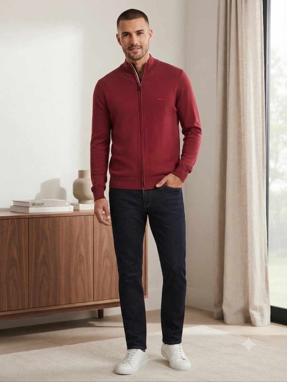 Hugo Boss Men's Full-Zip Dark Red Cardigan Sweater, NWT $228